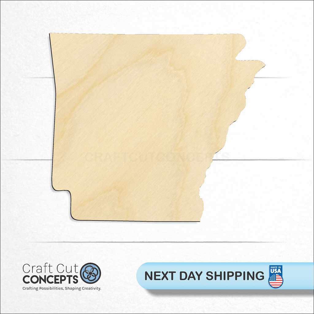 Craft Cut Concepts logo and next day shipping banner with an unfinished wood State - Arkansas CRAFTY craft shape and blank