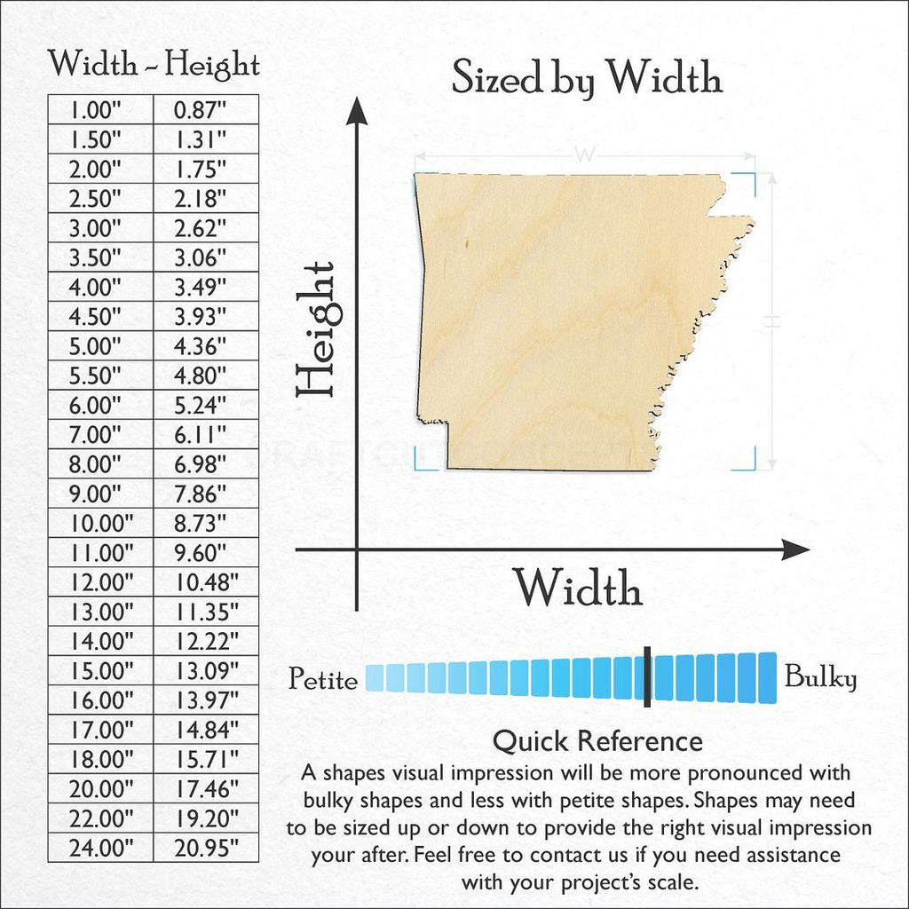 Sizes available for a laser cut State - Arkansas craft blank