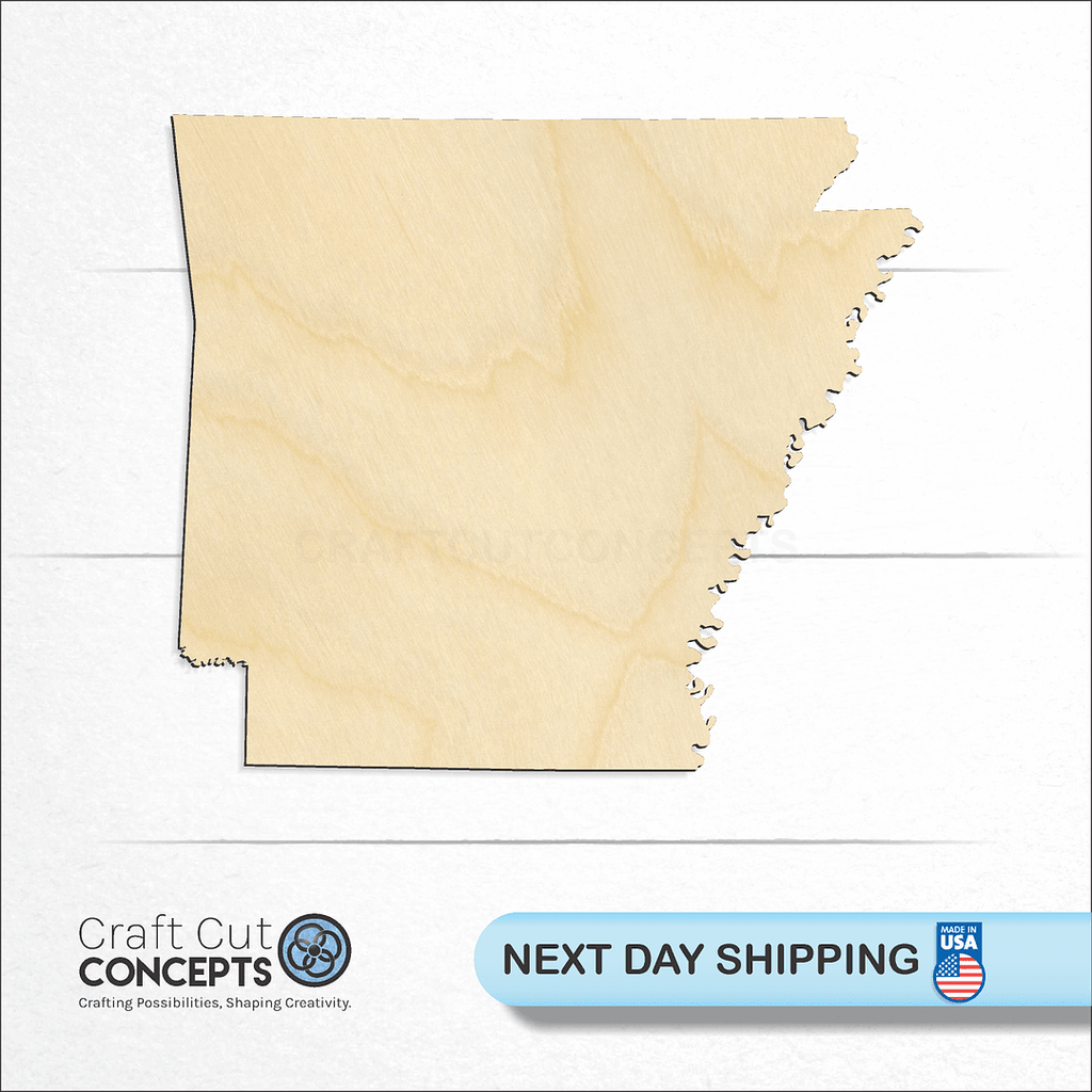 Craft Cut Concepts logo and next day shipping banner with an unfinished wood State - Arkansas craft shape and blank