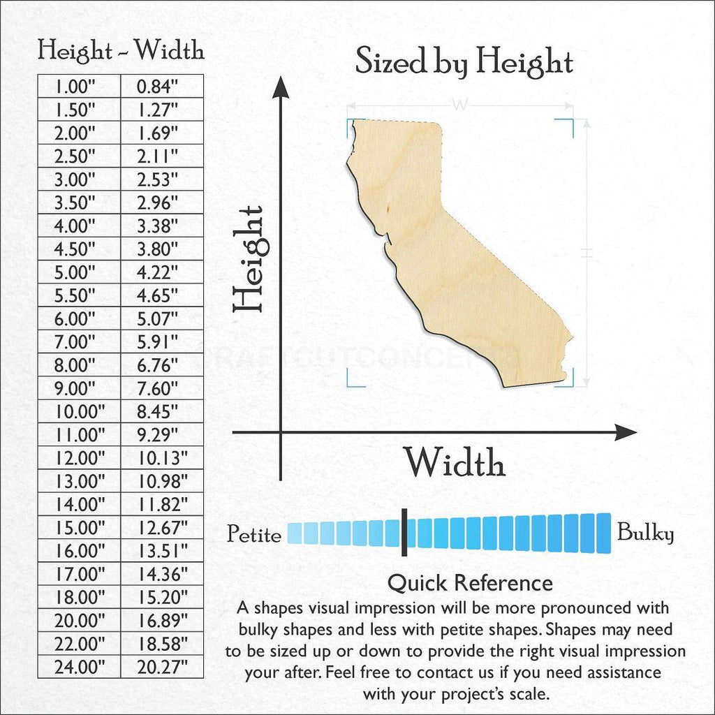 Sizes available for a laser cut State - California CRAFTY craft blank