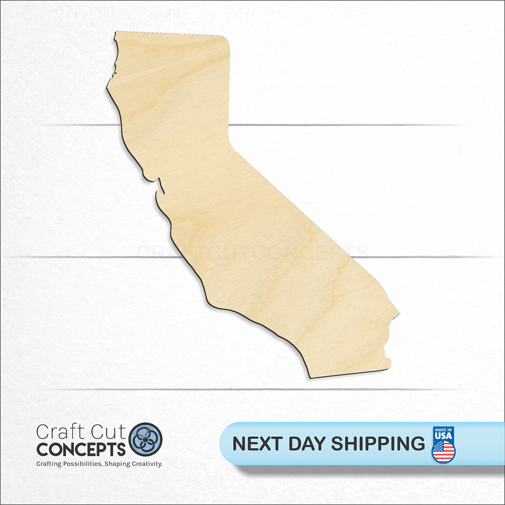 Craft Cut Concepts logo and next day shipping banner with an unfinished wood State - California CRAFTY craft shape and blank