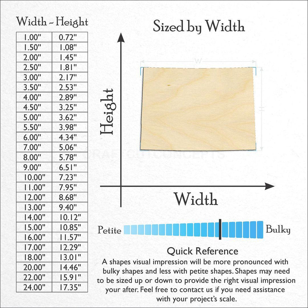 Sizes available for a laser cut State - Colorado craft blank