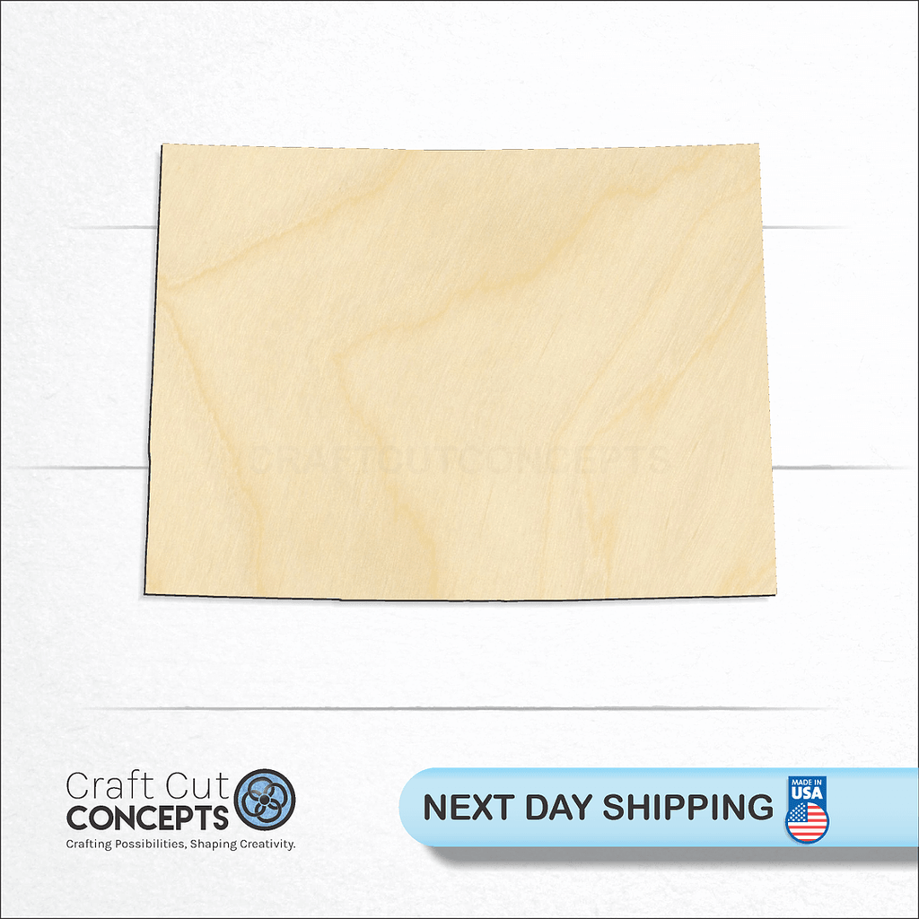 Craft Cut Concepts logo and next day shipping banner with an unfinished wood State - Colorado craft shape and blank