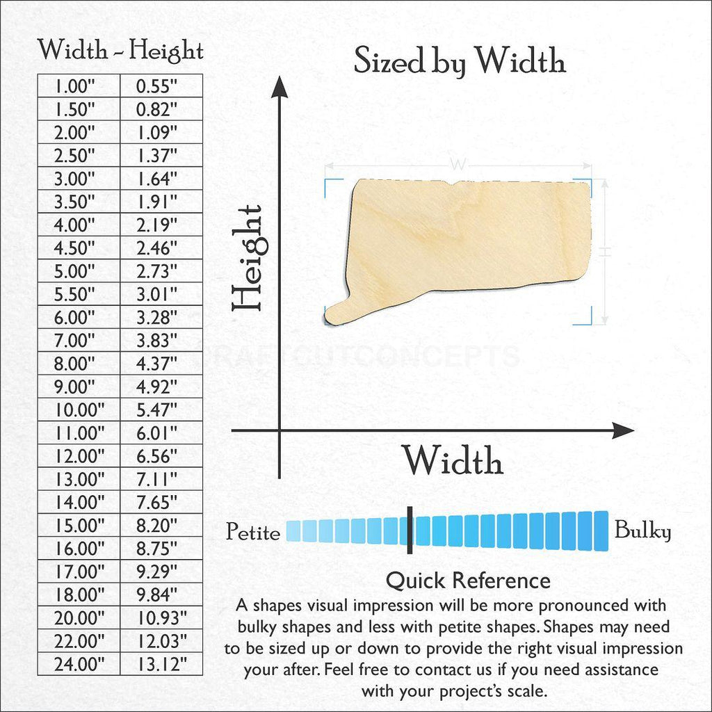 Sizes available for a laser cut State - Conneticut CRAFTY craft blank