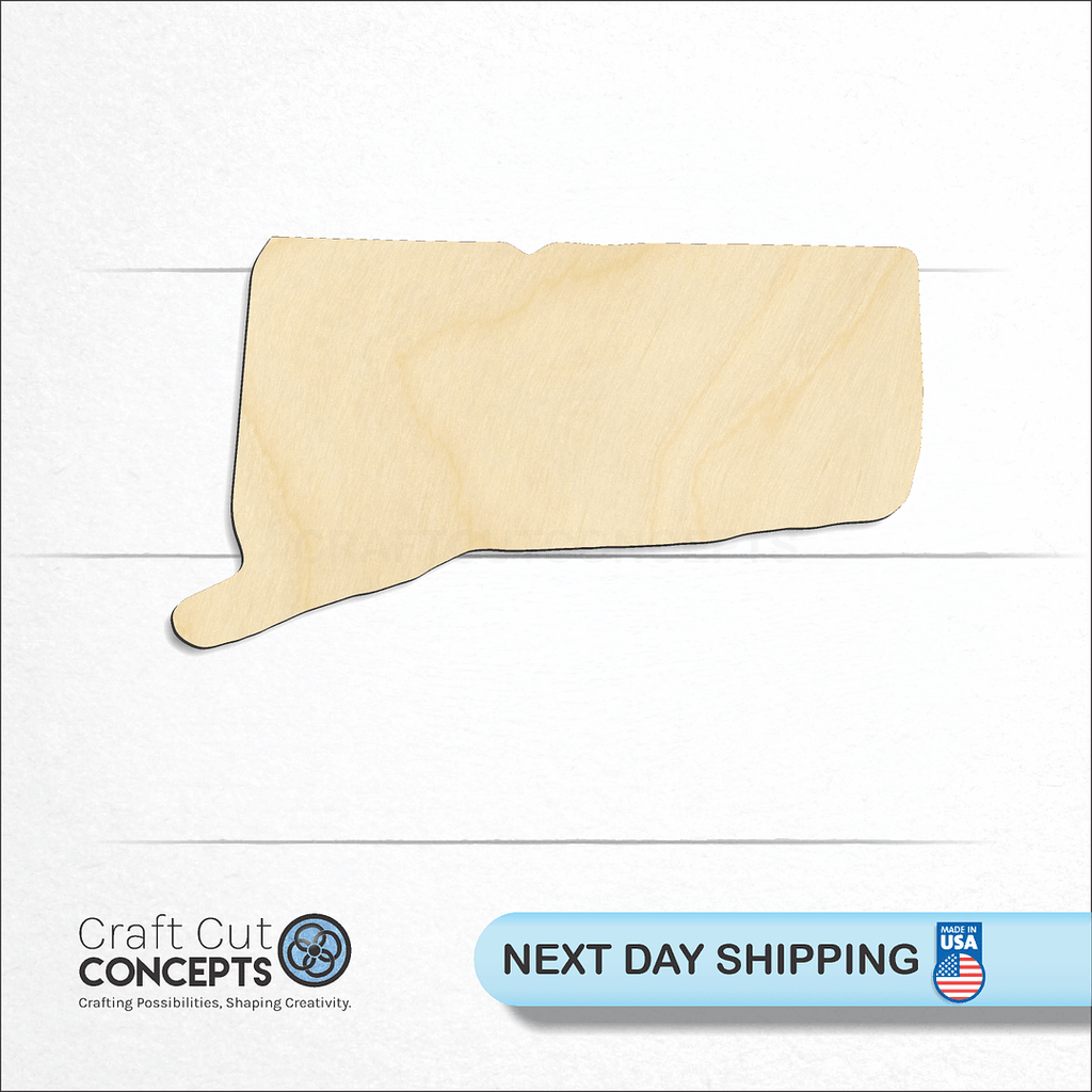 Craft Cut Concepts logo and next day shipping banner with an unfinished wood State - Conneticut CRAFTY craft shape and blank