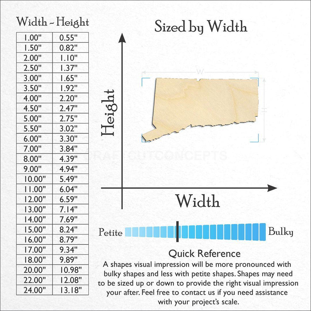 Sizes available for a laser cut State - Conneticut craft blank