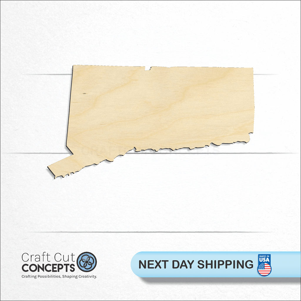 Craft Cut Concepts logo and next day shipping banner with an unfinished wood State - Conneticut craft shape and blank