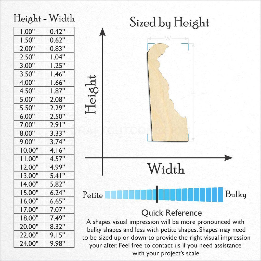 Sizes available for a laser cut State - Delaware CRAFTY craft blank