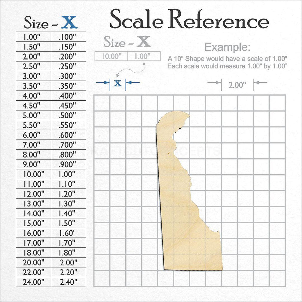 A scale and graph image showing a wood State - Delaware CRAFTY craft blank