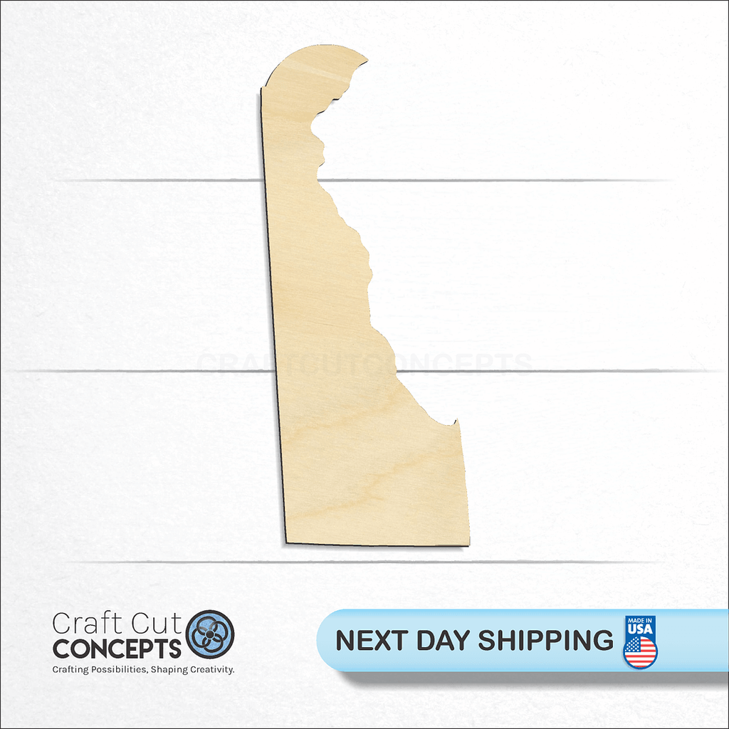 Craft Cut Concepts logo and next day shipping banner with an unfinished wood State - Delaware CRAFTY craft shape and blank