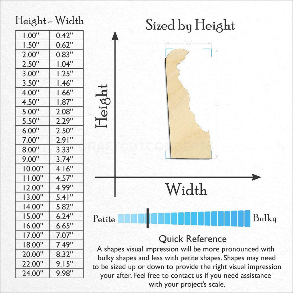 Sizes available for a laser cut State - Delaware craft blank