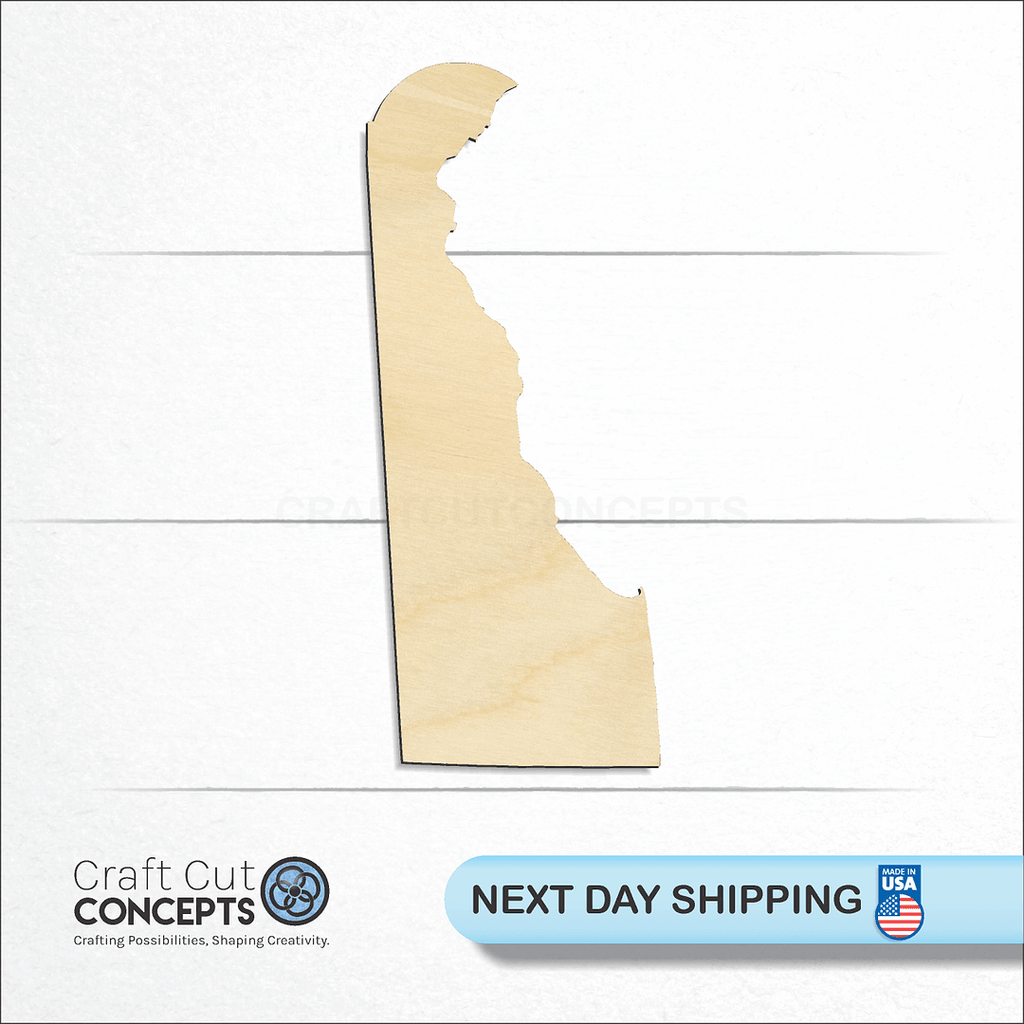 Craft Cut Concepts logo and next day shipping banner with an unfinished wood State - Delaware craft shape and blank