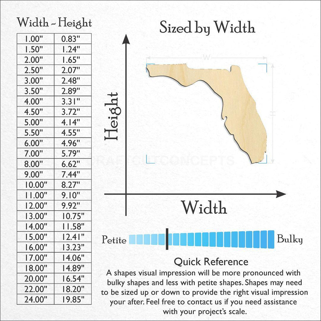 Sizes available for a laser cut State - Florida CRAFTY craft blank