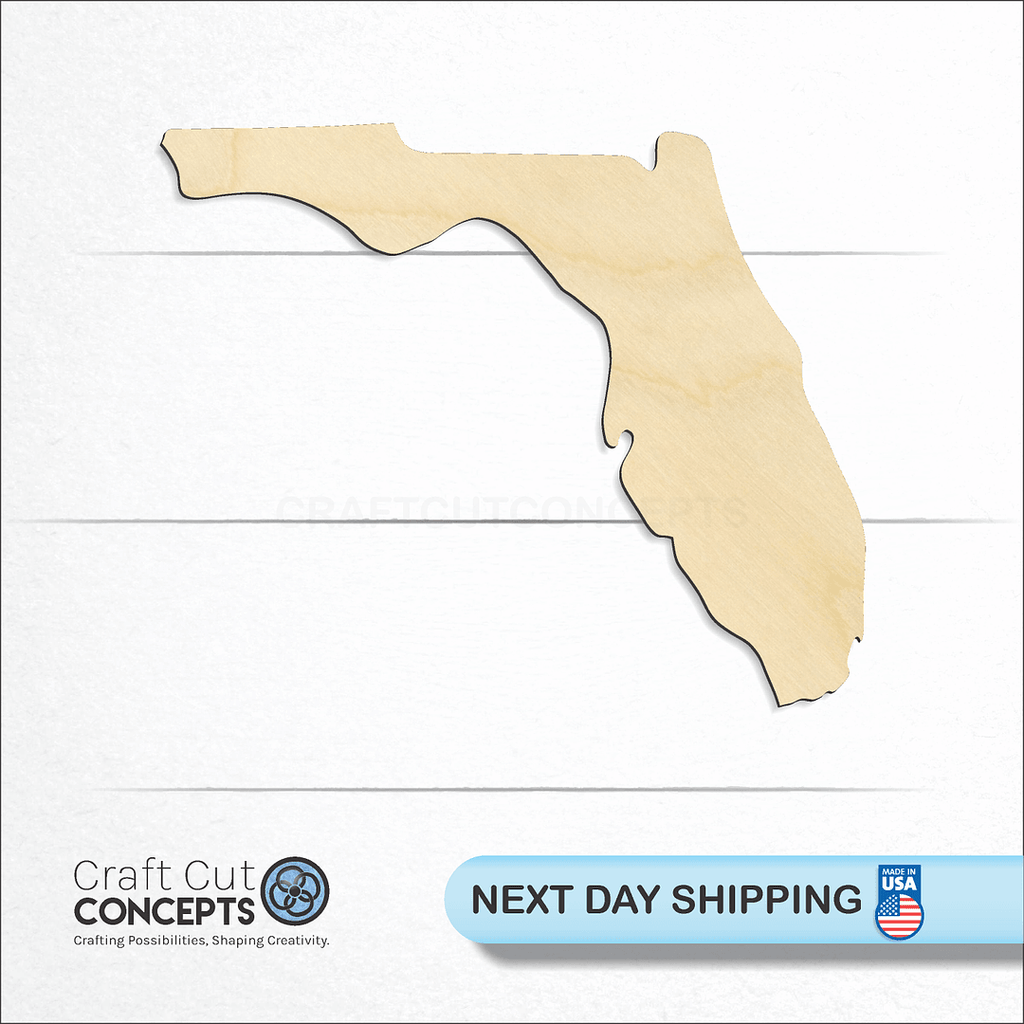 Craft Cut Concepts logo and next day shipping banner with an unfinished wood State - Florida CRAFTY craft shape and blank