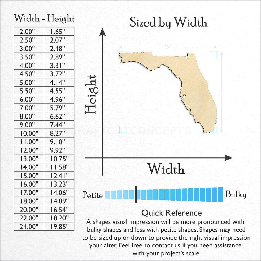 Sizes available for a laser cut State - Florida craft blank