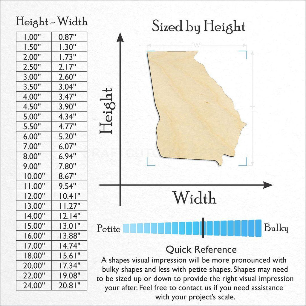 Sizes available for a laser cut State - Georgia CRAFTY craft blank