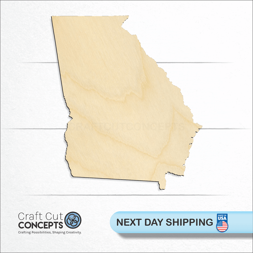 Craft Cut Concepts logo and next day shipping banner with an unfinished wood State - Georgia craft shape and blank