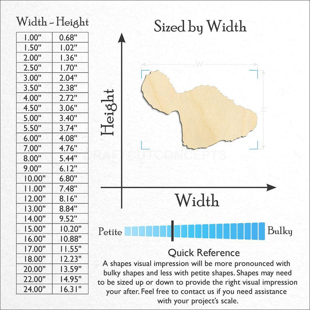 Sizes available for a laser cut State - Hawaiin island Maui craft blank