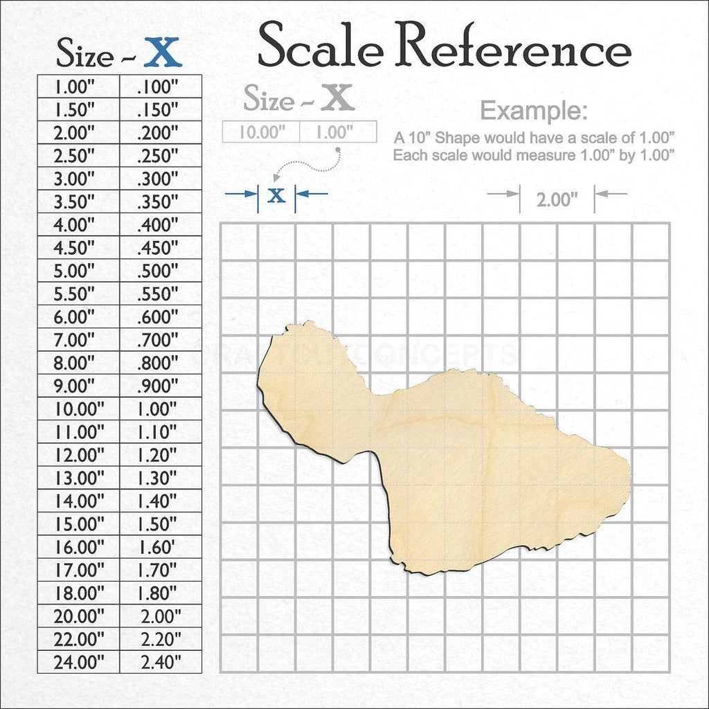 A scale and graph image showing a wood State - Hawaiin island Maui craft blank