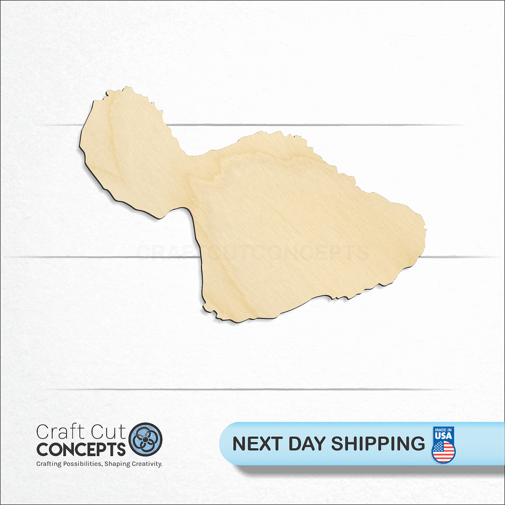 Craft Cut Concepts logo and next day shipping banner with an unfinished wood State - Hawaiin island Maui craft shape and blank