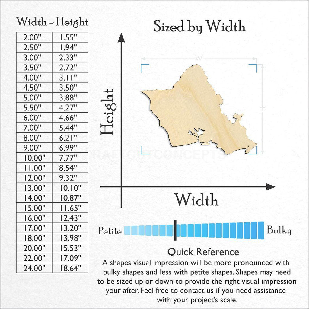 Sizes available for a laser cut State - Hawaiin island Ohau craft blank