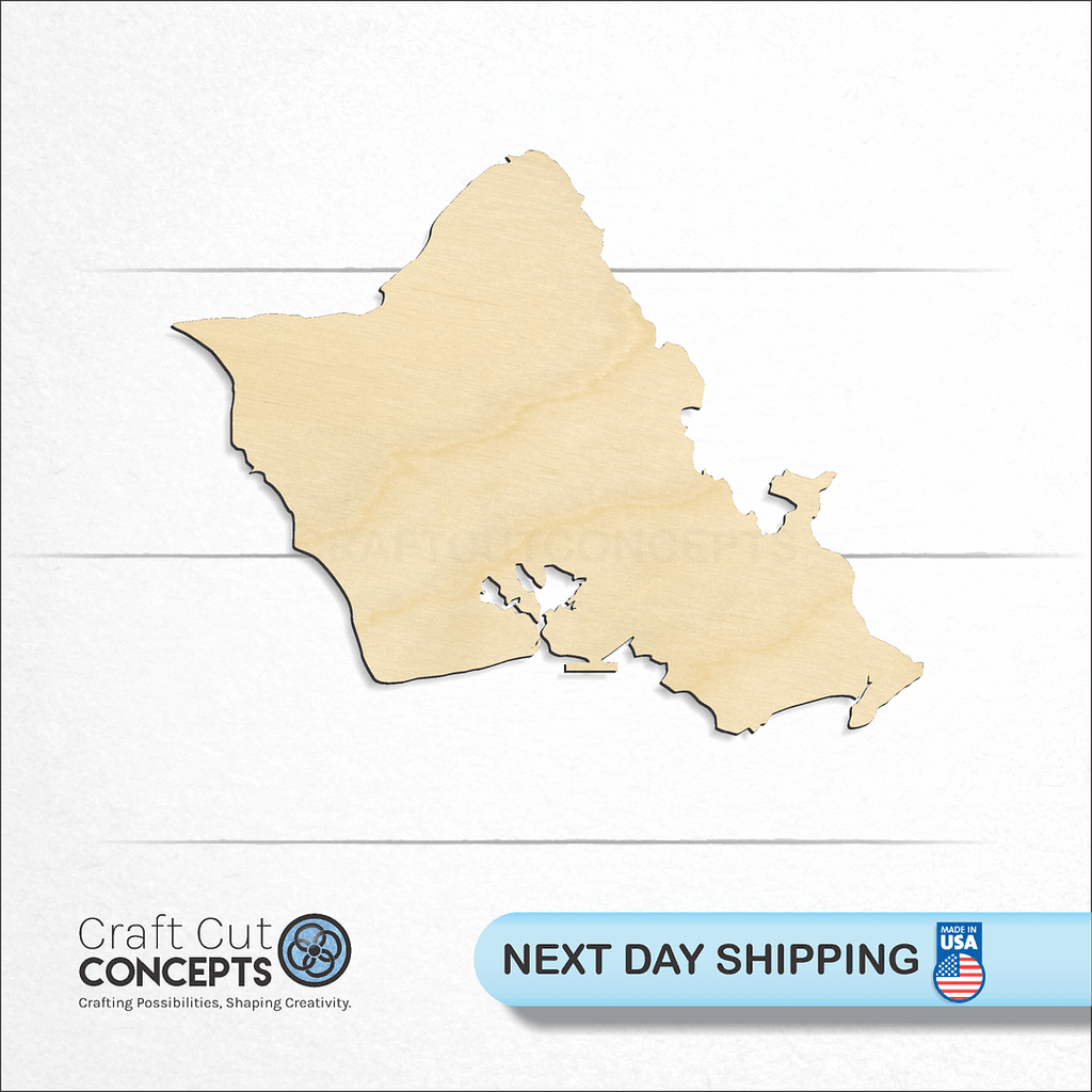 Craft Cut Concepts logo and next day shipping banner with an unfinished wood State - Hawaiin island Ohau craft shape and blank