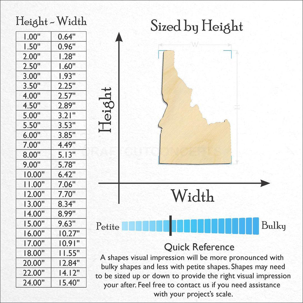 Sizes available for a laser cut State - Idaho CRAFTY craft blank