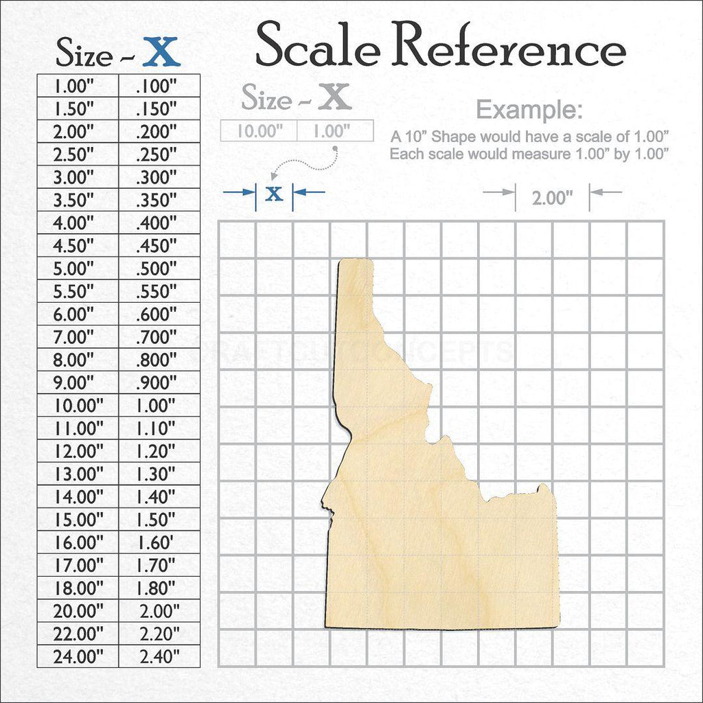 A scale and graph image showing a wood State - Idaho CRAFTY craft blank