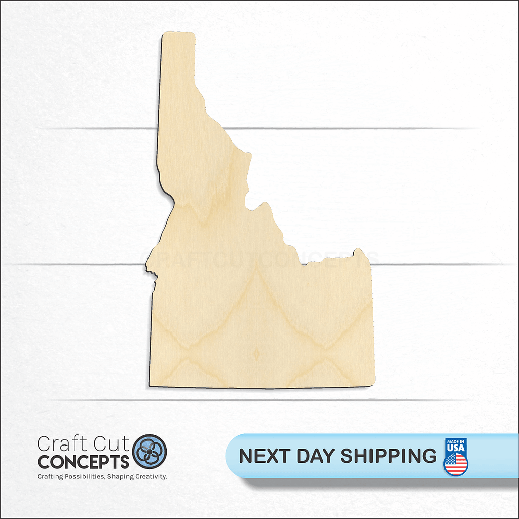 Craft Cut Concepts logo and next day shipping banner with an unfinished wood State - Idaho CRAFTY craft shape and blank