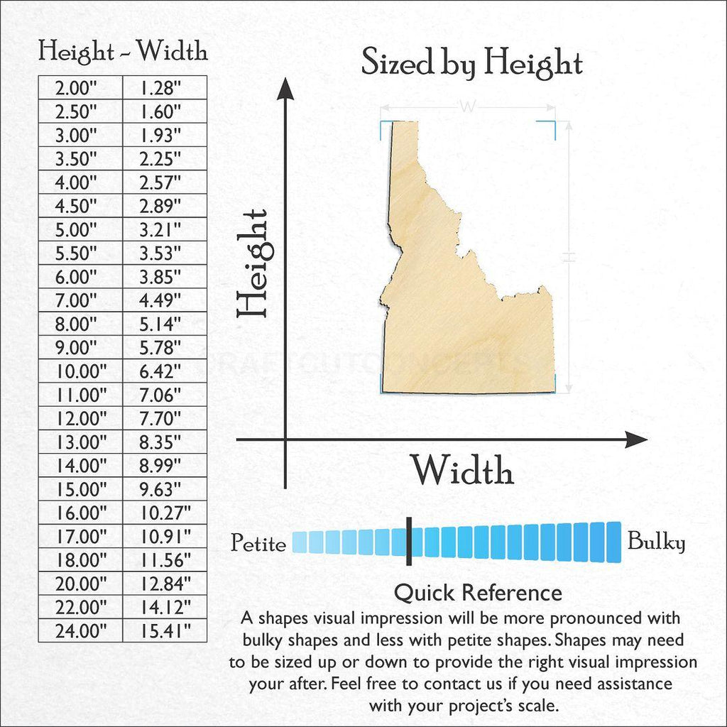 Sizes available for a laser cut State - Idaho craft blank