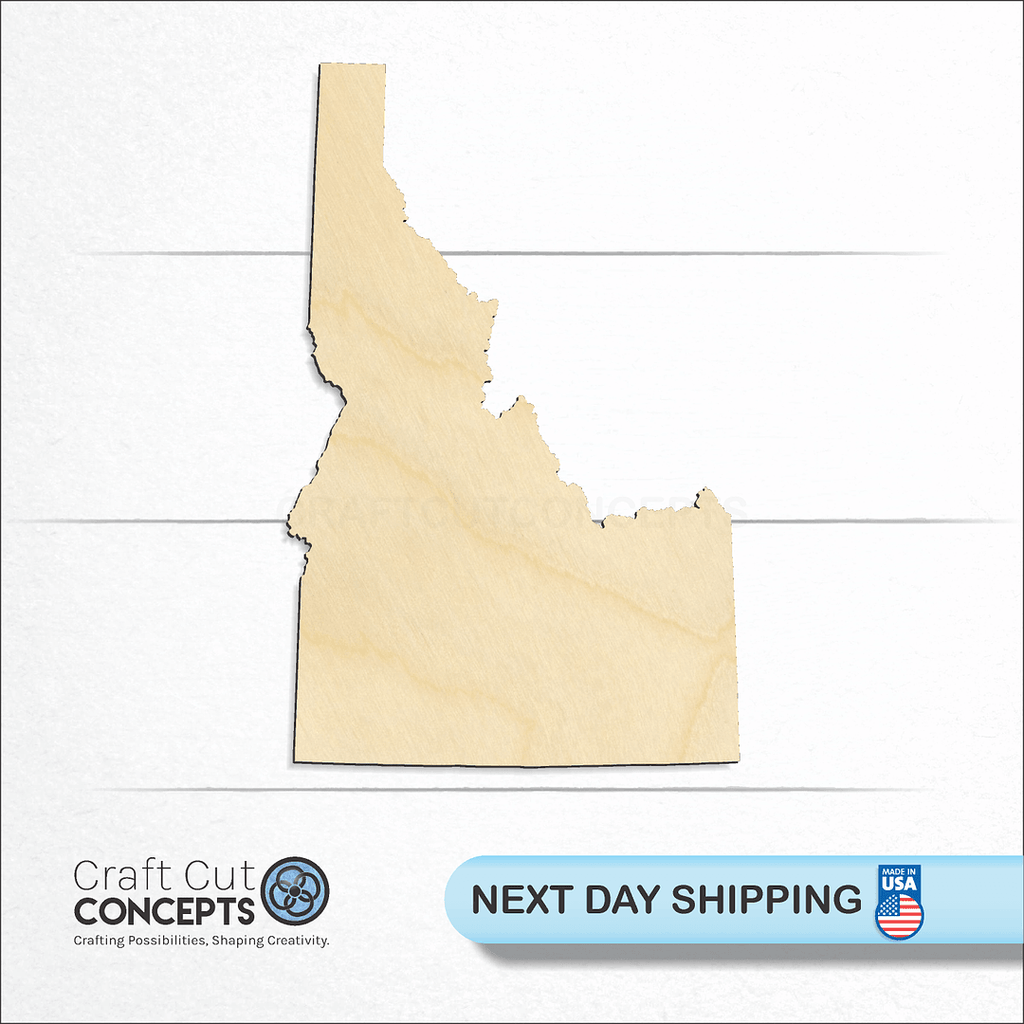 Craft Cut Concepts logo and next day shipping banner with an unfinished wood State - Idaho craft shape and blank