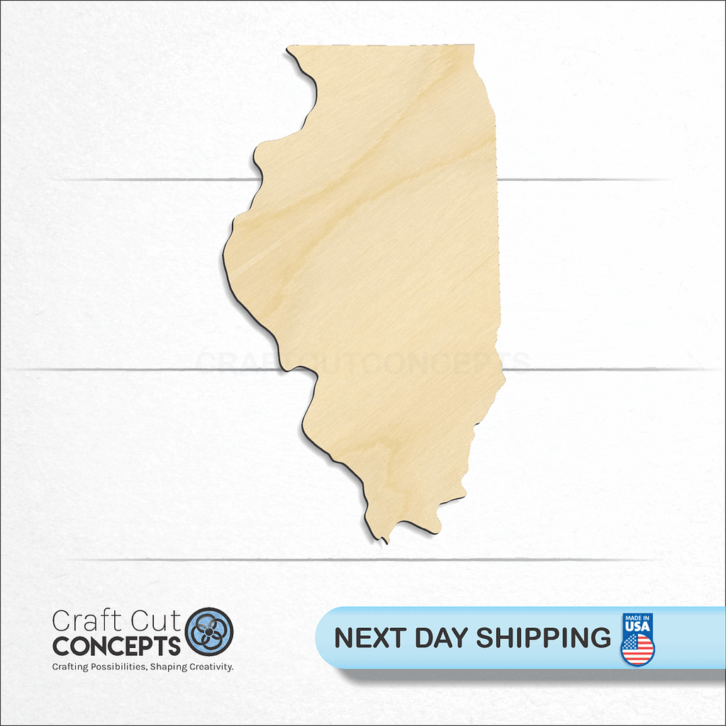 Craft Cut Concepts logo and next day shipping banner with an unfinished wood State - Illinois CRAFTY craft shape and blank