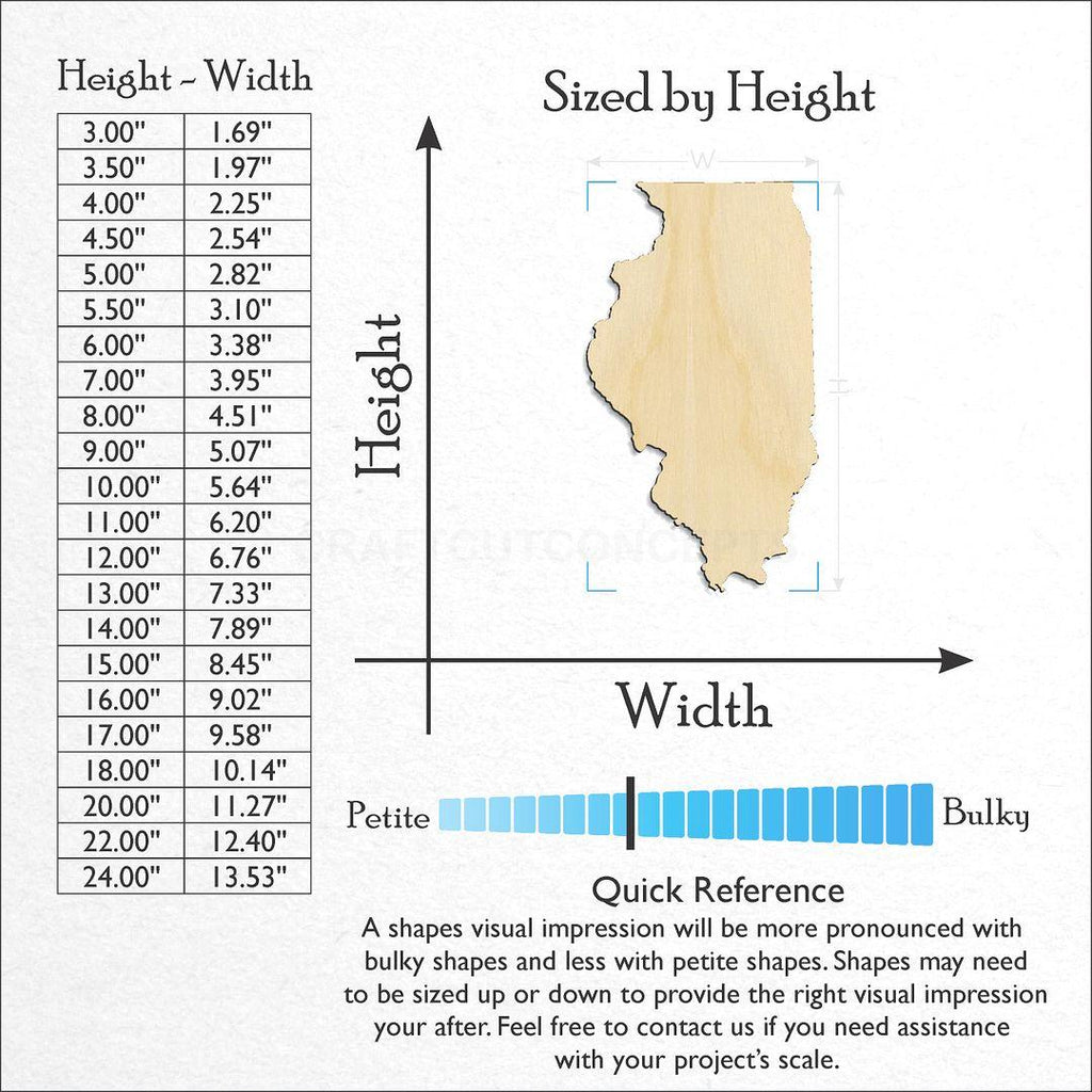 Sizes available for a laser cut State - Illinois craft blank