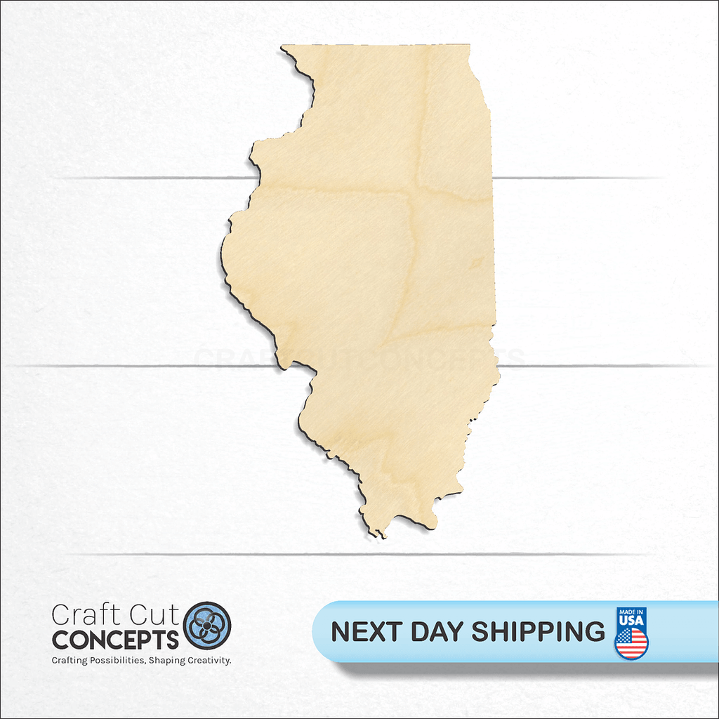 Craft Cut Concepts logo and next day shipping banner with an unfinished wood State - Illinois craft shape and blank