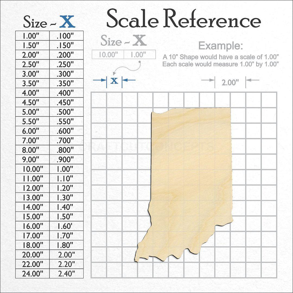 A scale and graph image showing a wood State - Indiana CRAFTY craft blank