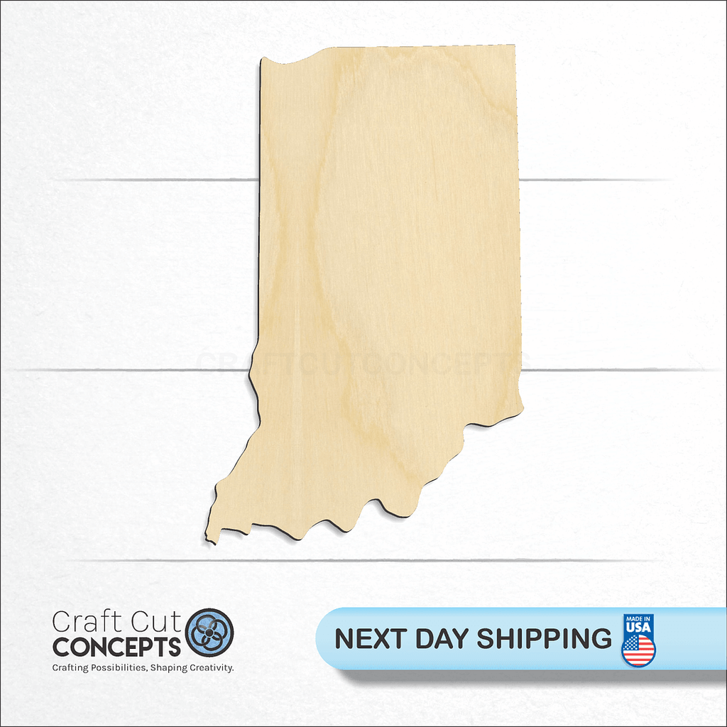 Craft Cut Concepts logo and next day shipping banner with an unfinished wood State - Indiana CRAFTY craft shape and blank