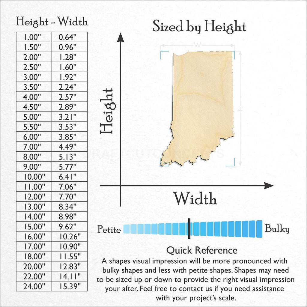 Sizes available for a laser cut State - Indiana craft blank