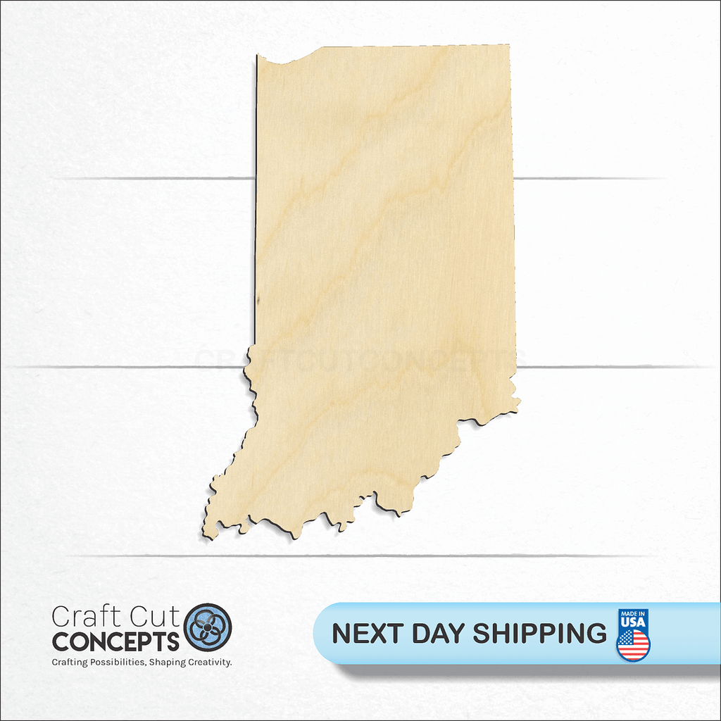 Craft Cut Concepts logo and next day shipping banner with an unfinished wood State - Indiana craft shape and blank