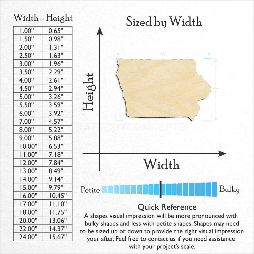 Sizes available for a laser cut State - Iowa CRAFTY craft blank