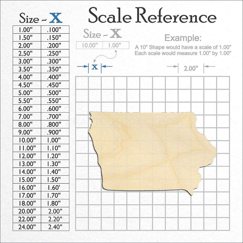 A scale and graph image showing a wood State - Iowa CRAFTY craft blank