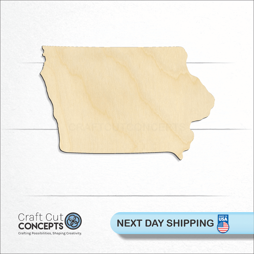 Craft Cut Concepts logo and next day shipping banner with an unfinished wood State - Iowa CRAFTY craft shape and blank