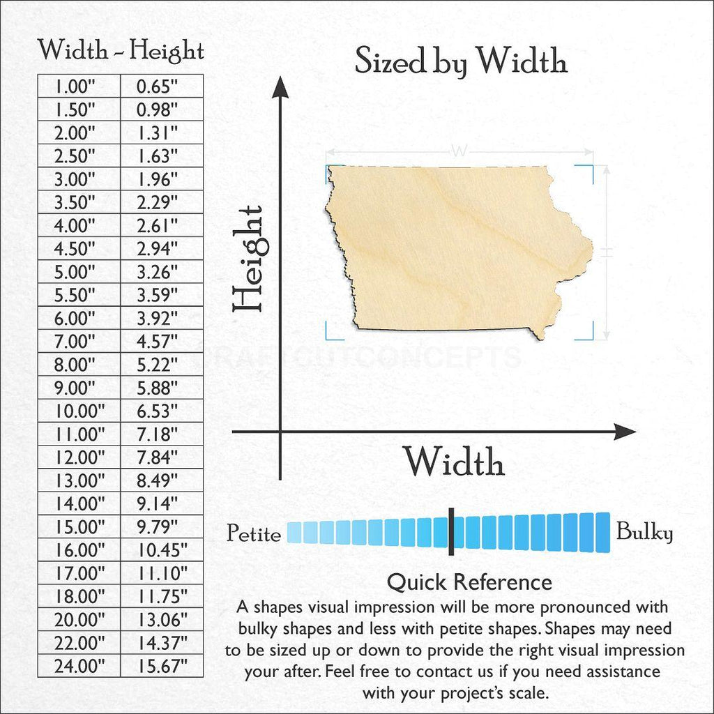 Sizes available for a laser cut State - Iowa craft blank