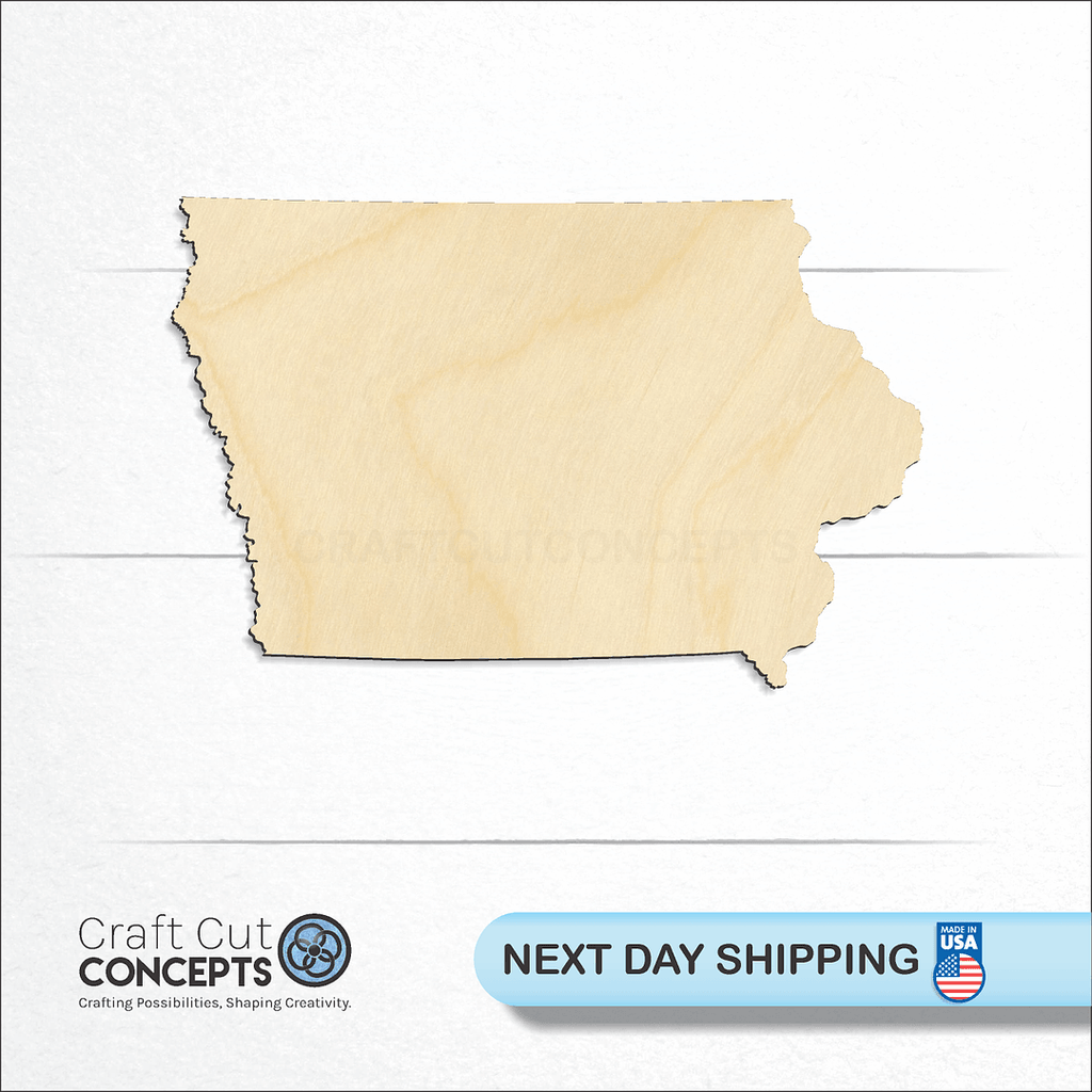 Craft Cut Concepts logo and next day shipping banner with an unfinished wood State - Iowa craft shape and blank