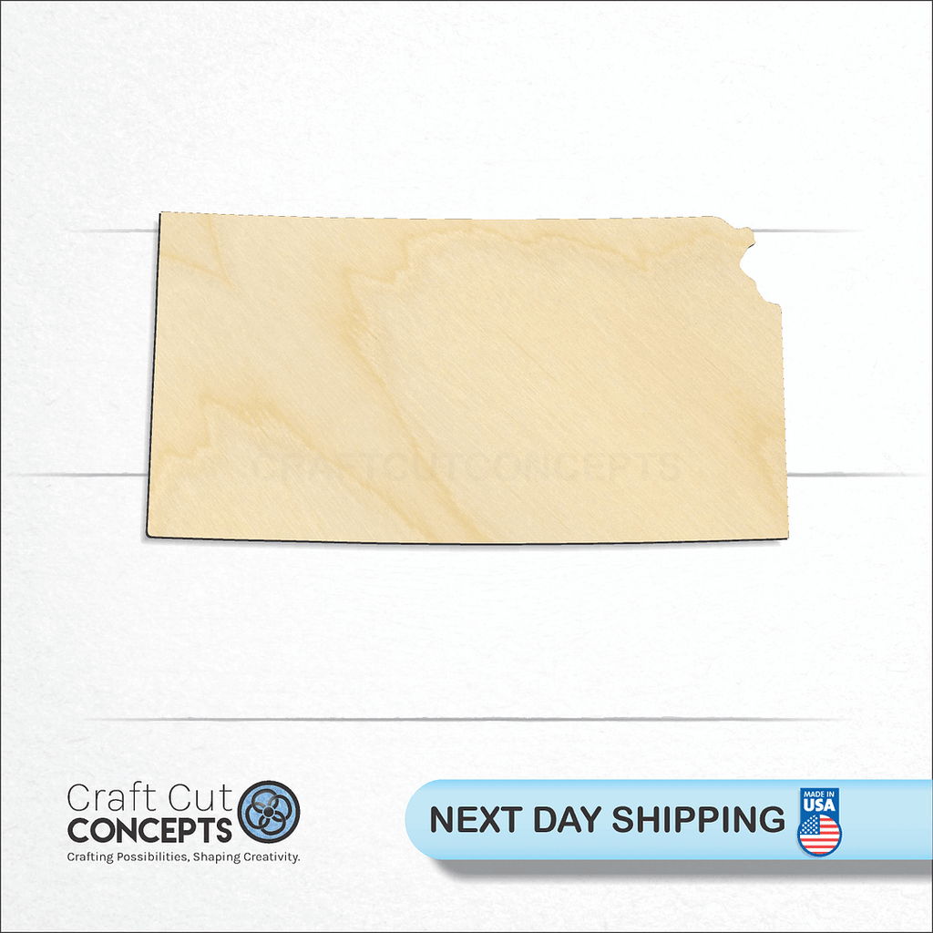 Craft Cut Concepts logo and next day shipping banner with an unfinished wood State - Kansas CRAFTY craft shape and blank