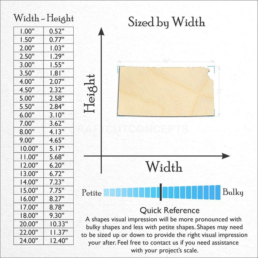 Sizes available for a laser cut State - Kansas craft blank
