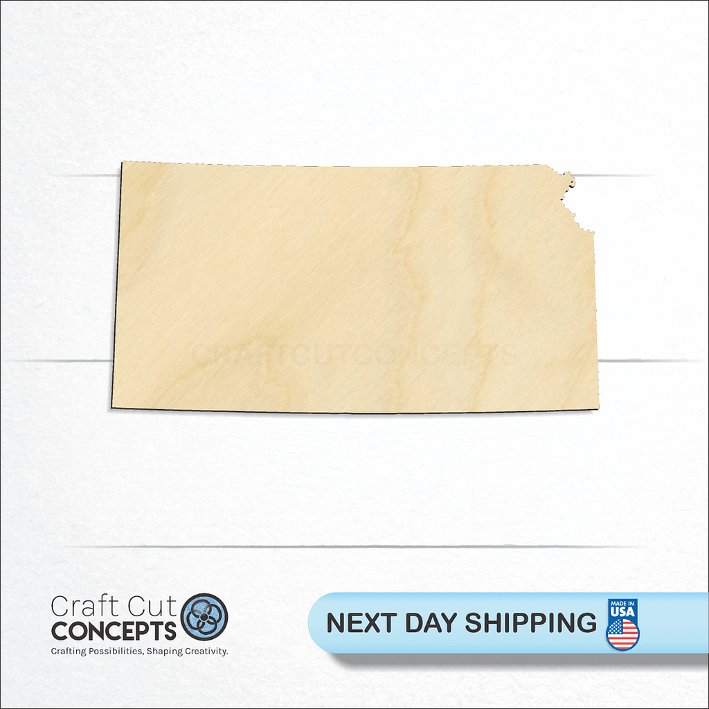 Craft Cut Concepts logo and next day shipping banner with an unfinished wood State - Kansas craft shape and blank