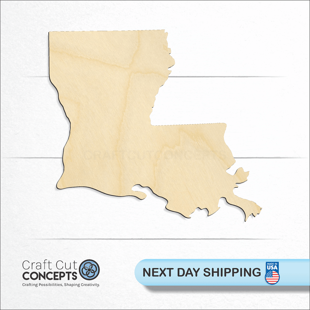 Craft Cut Concepts logo and next day shipping banner with an unfinished wood State - Louisiana CRAFTY craft shape and blank