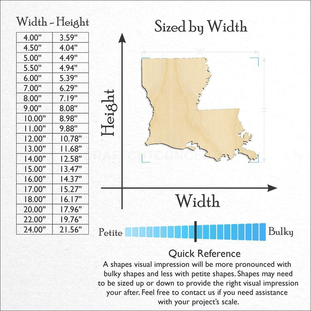 Sizes available for a laser cut State - Louisiana craft blank