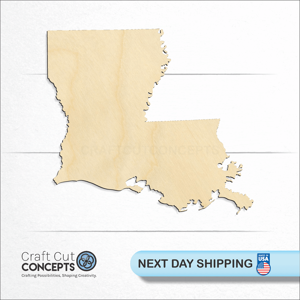 Craft Cut Concepts logo and next day shipping banner with an unfinished wood State - Louisiana craft shape and blank