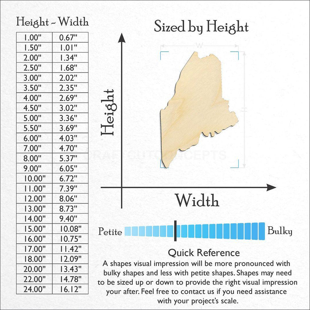 Sizes available for a laser cut State - Maine CRAFTY craft blank